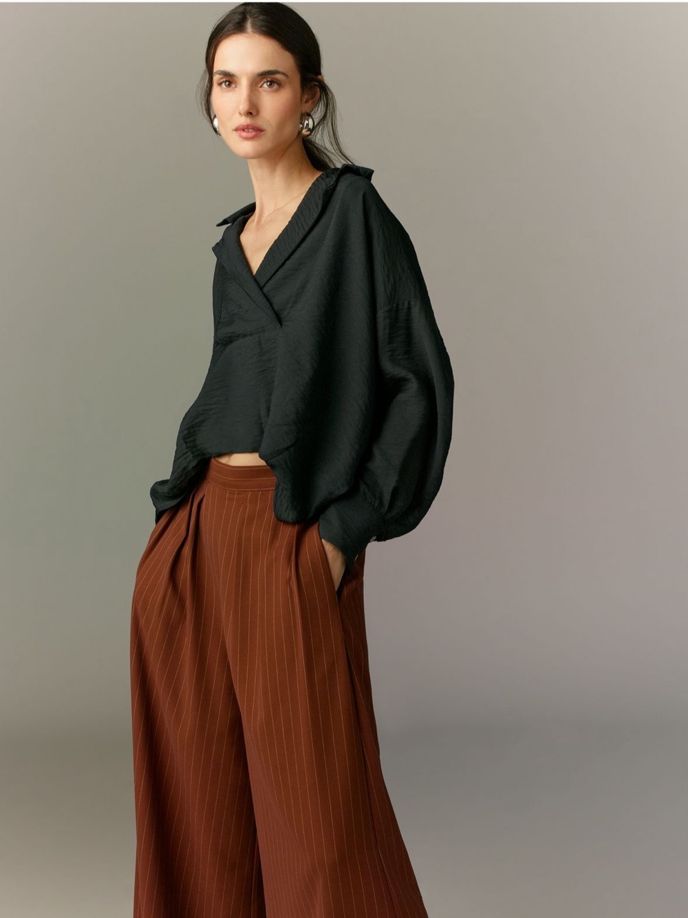 Anthropologie Black V-Neck Balloon-Sleeve Blouse
